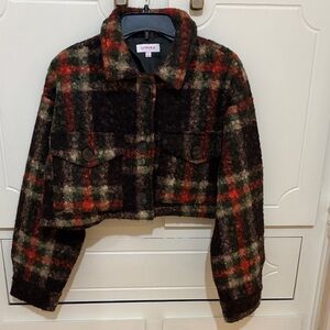 BUTTERMELON Cropped Plaid Jacket in Brown & Green